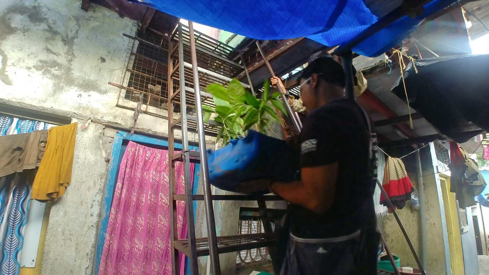 Earth5R volunteers training slum community on container gardening and composting for rooftop nurseries