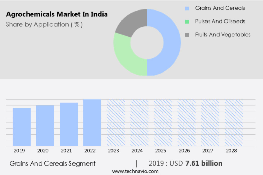Infographic on the Agrochemicals Market in India. The top donut chart shows market share by application, with Grains and Cereals as the largest segment. The bottom bar chart forecasts the strong growth of the Grains and Cereals segment from 2019 to 2028.