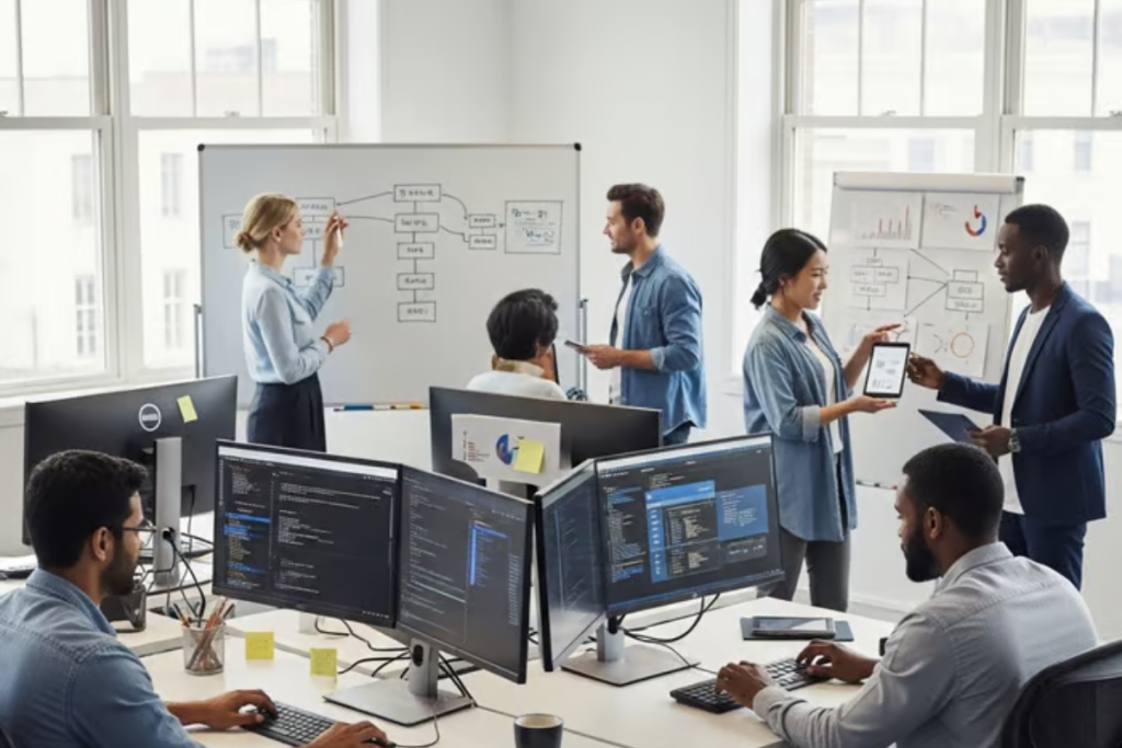 A diverse team of tech professionals collaborating in a modern office, with some coding on multi-monitor setups and others discussing charts on a whiteboard.