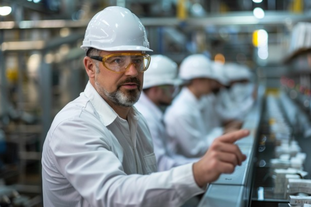 A male industrial engineer in a white hard hat and safety glasses pointing while supervising a production line in a clean, modern factory.