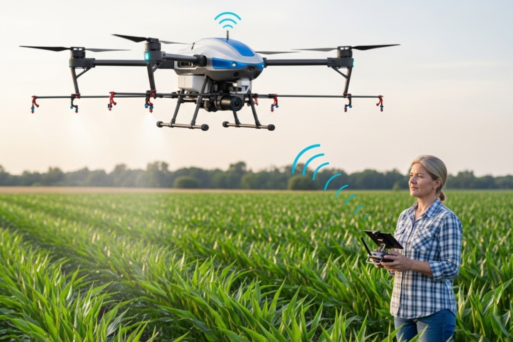 A woman in a plaid shirt operates a controller for a large agricultural drone hovering over a lush green cornfield, demonstrating precision farming technology.