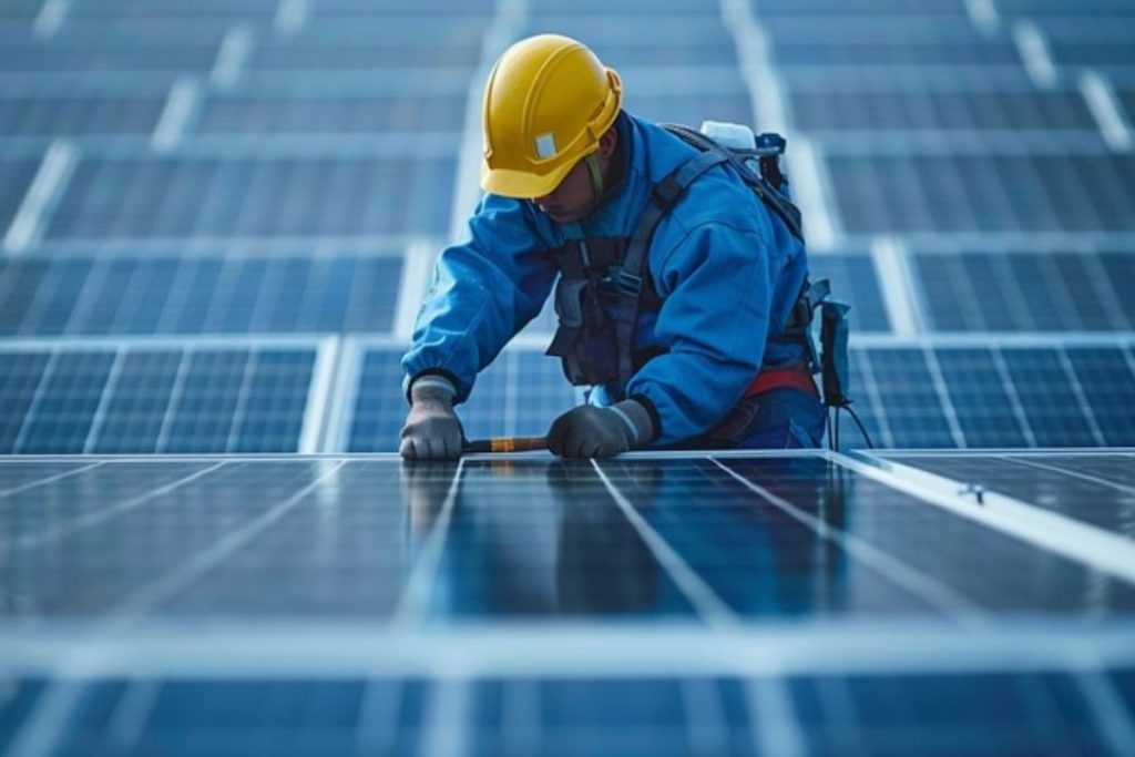A technician in a yellow hard hat installs solar panels as part of a corporate sustainability initiative.