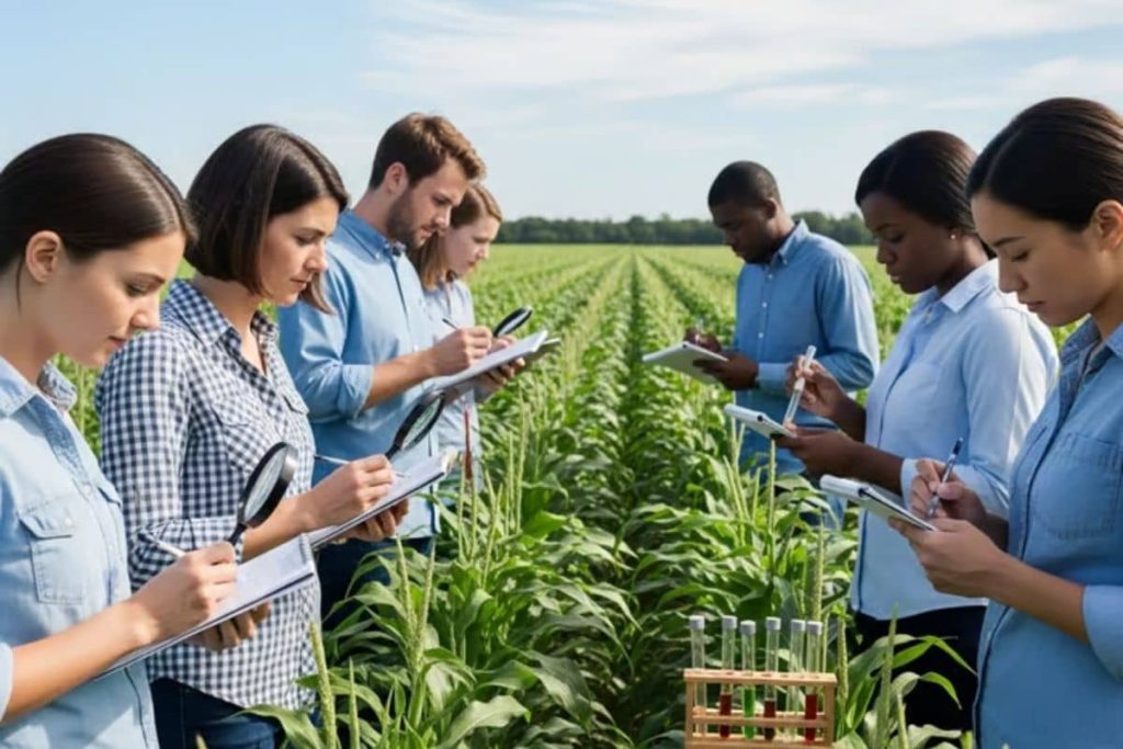 A diverse group of agricultural scientists inspects crops, focusing on sustainability and ESG research.