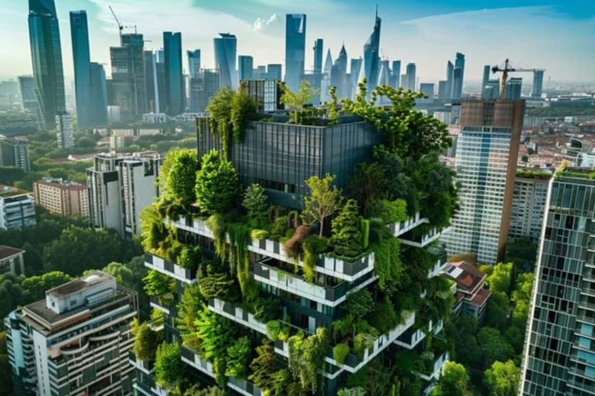 A futuristic green building covered in trees, symbolizing sustainability and ESG in urban architecture.