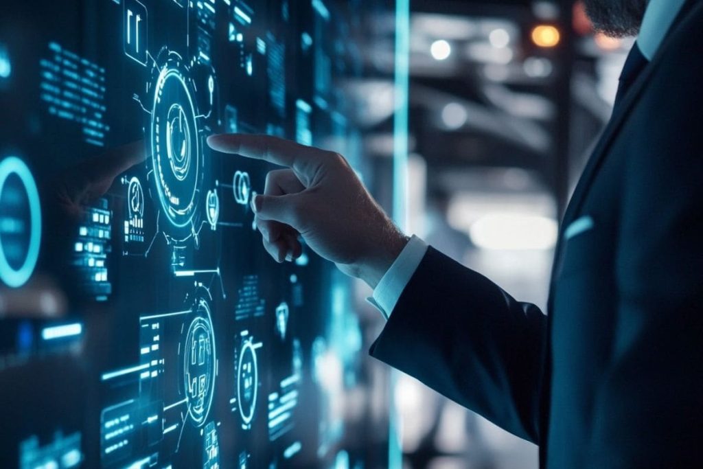 Businessman interacts with holographic interface, visualizing ESG sustainability data for waste management.