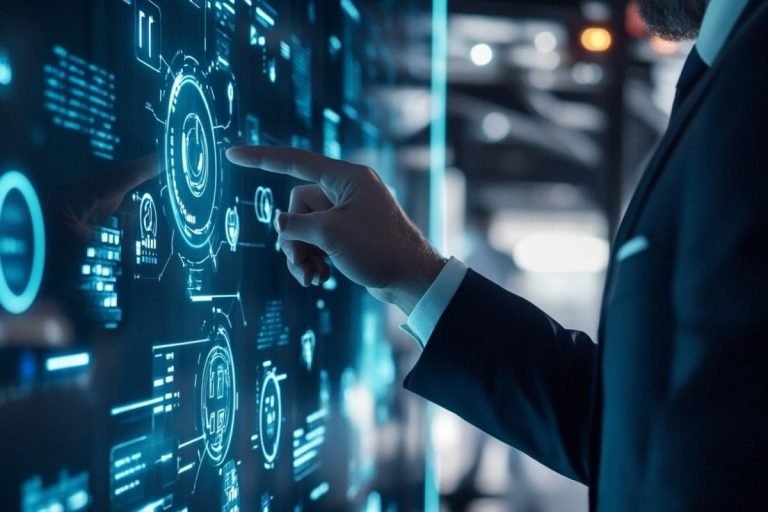 Businessman interacts with holographic interface, visualizing ESG sustainability data for waste management.