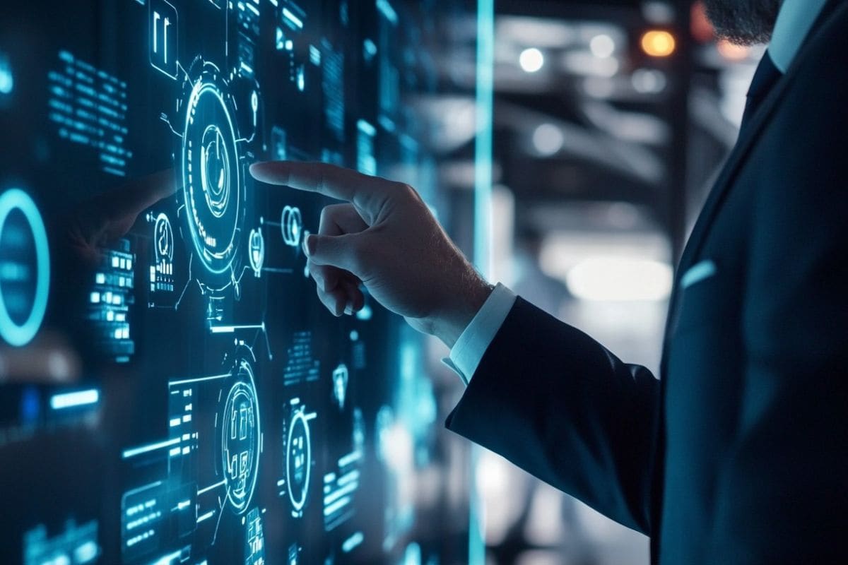 Businessman interacts with holographic interface, visualizing ESG sustainability data for waste management.