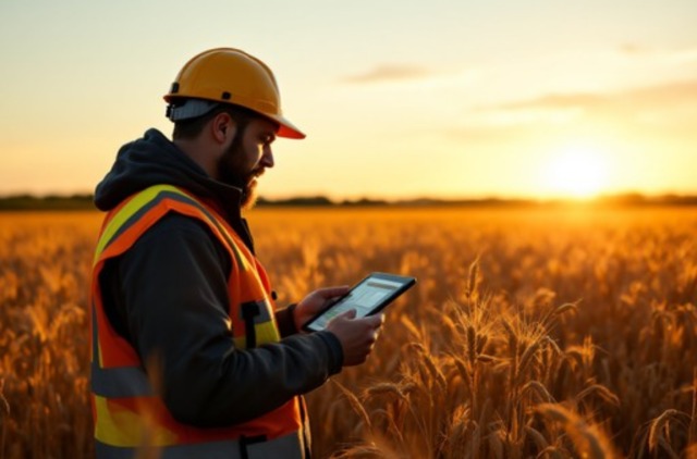 An agricultural engineer in a hard hat and safety vest stands in a golden wheat field at sunset, analyzing data on a tablet computer.