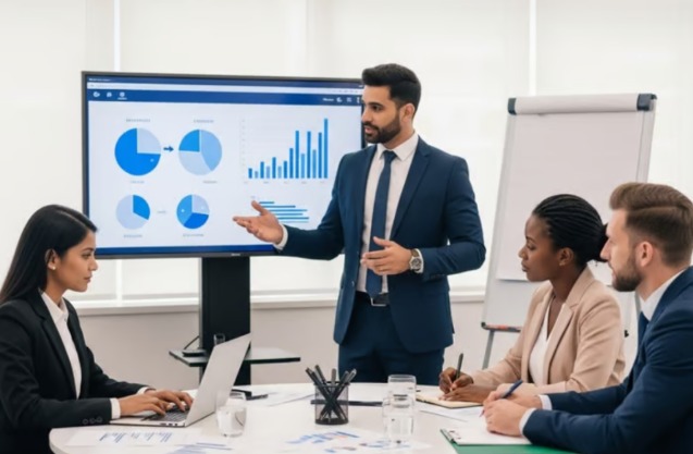 A diverse team of financial professionals in a meeting, analyzing ESG performance data on a large screen for a sustainable investment strategy