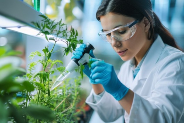 A researcher in a controlled laboratory setting analyzes a plant specimen. This image represents the crucial scientific innovation, such as gene editing and the development of bio-stimulants, that underpins the creation of climate-resilient crops capable of withstanding drought, heat, and other environmental stressors.

