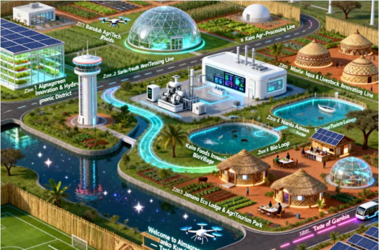 An aerial view of a futuristic sustainable community blending high-tech buildings, vertical farms, and solar panels with traditional eco-lodges and natural water features.