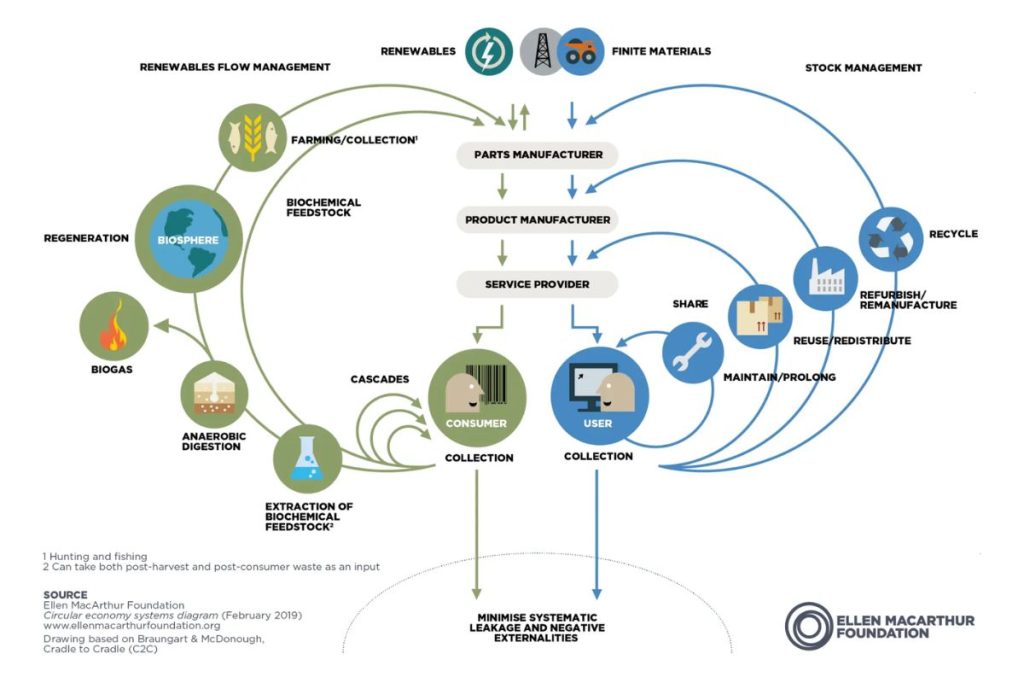 A diagram of the circular economy, illustrating sustainability principles for waste management in both technical and biological cycles.