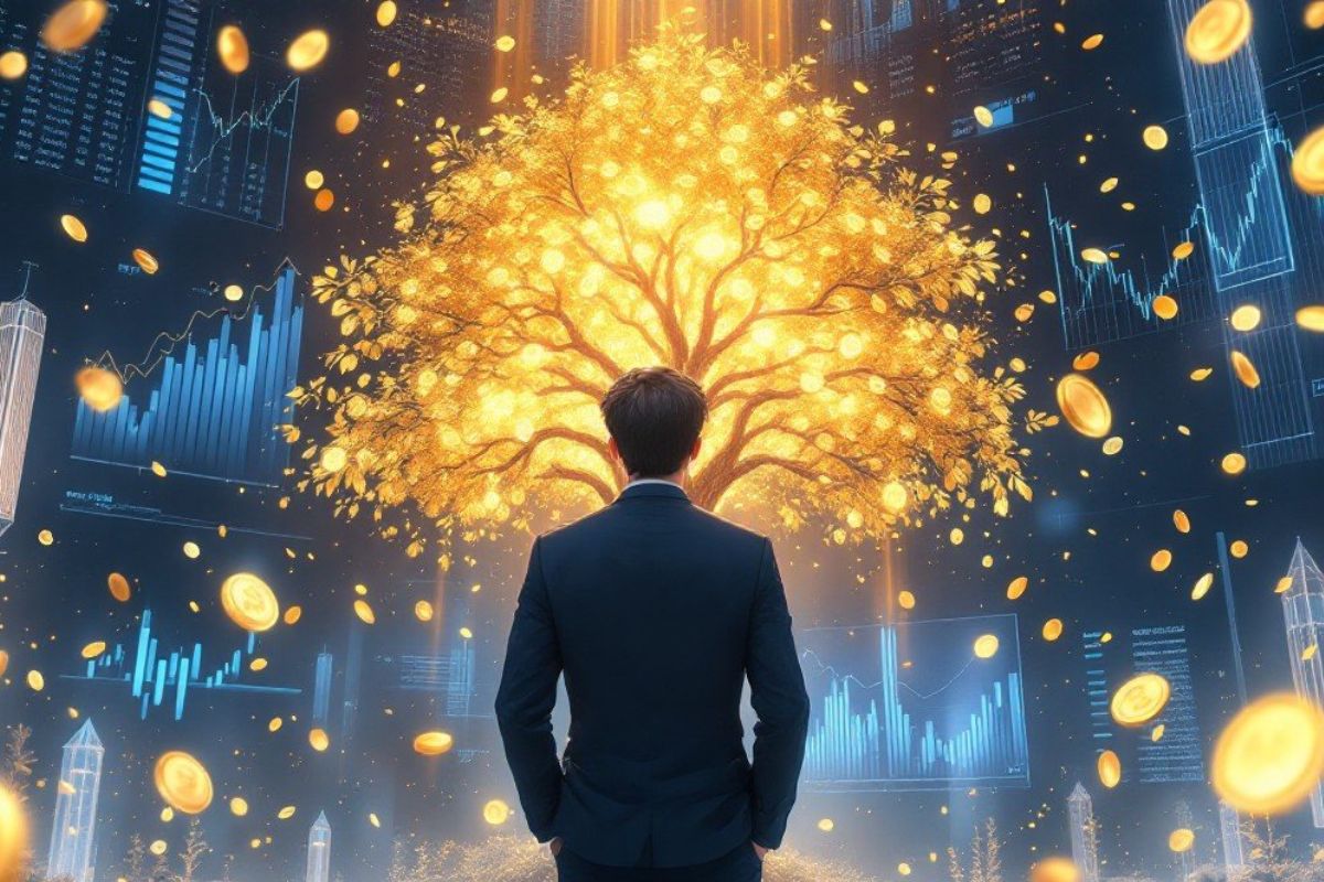 Businessman observing a glowing tree of value, symbolizing the growth and profitability of sustainable finance and ESG investing