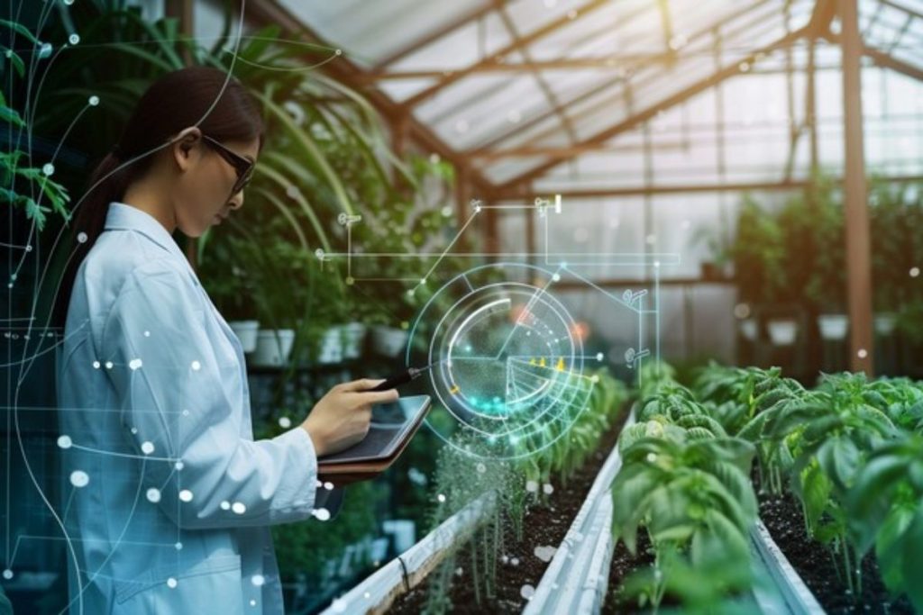 A scientist with a tablet in a high-tech greenhouse, illustrating the research and development behind the work of Earth5R Waste Management Sustainability NGO Mumbai ESG CSR.