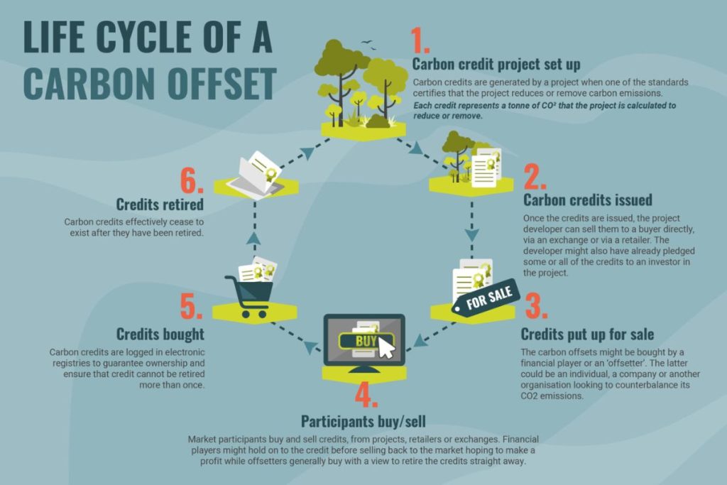 An infographic detailing the 6-step life cycle of a carbon offset, a core process managed by groups like Earth5R Waste Management Sustainability NGO Mumbai ESG CSR.