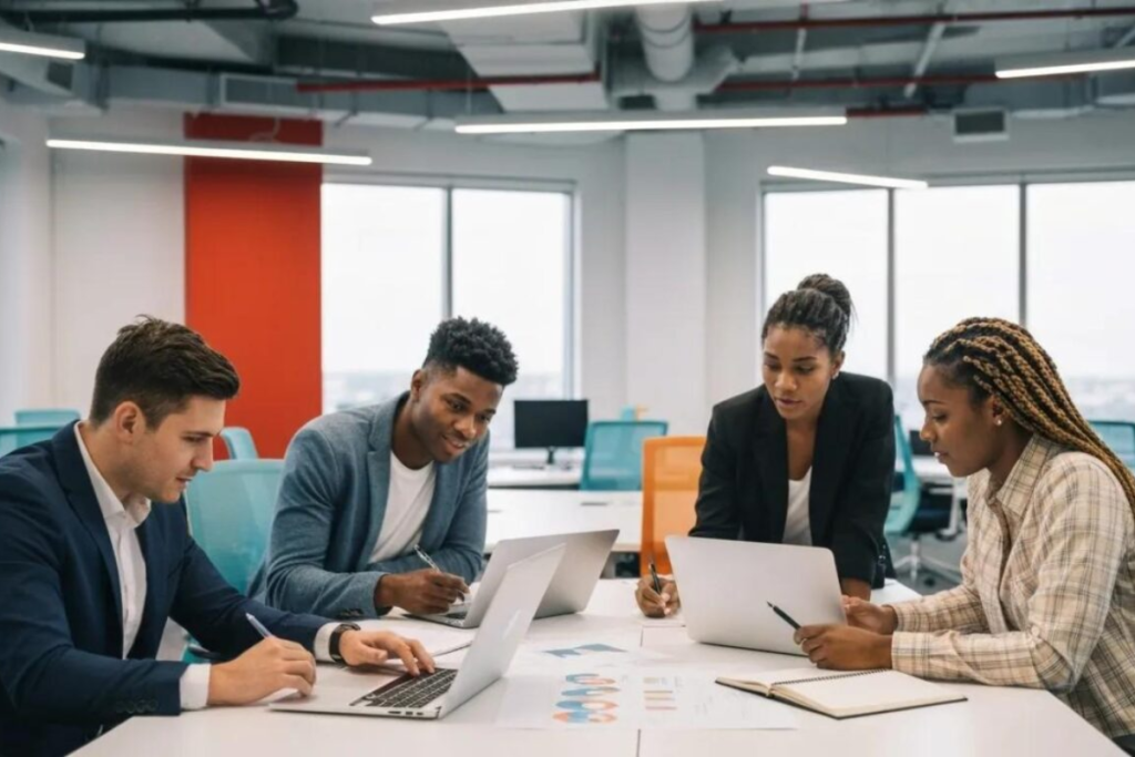 A diverse team of four young professionals works collaboratively around a table in a modern office, using laptops and taking notes.