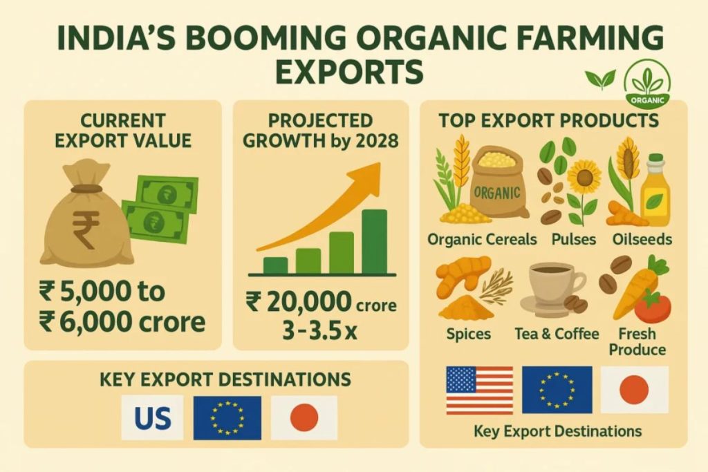 Infographic titled 'India's Booming Organic Farming Exports,' showing a projected growth from ₹6,000 crore to ₹20,000 crore, and listing top products like cereals, pulses, and spices.