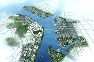 A 3D digital model of a planned smart city, showing integrated green spaces, waterways, and urban blocks.