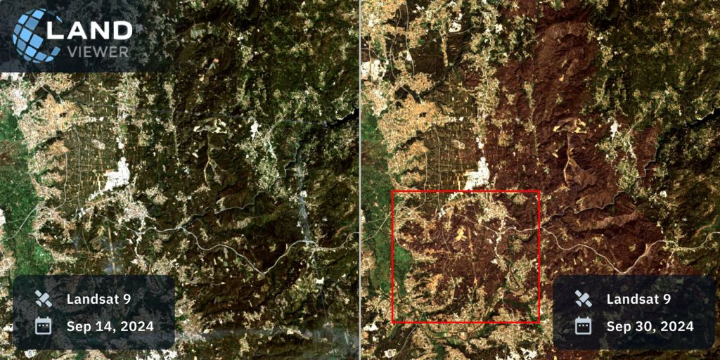 Before and after satellite images from LandViewer showing the impact of a wildfire near Albergaria-a-Velha, Portugal, in September 2024. The left image (Sep 14) shows healthy green vegetation, while the right image (Sep 30) reveals extensive dark brown burn scars.