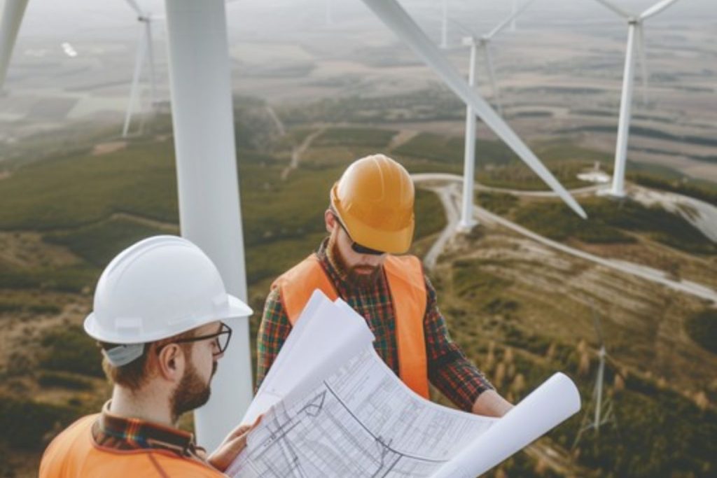 Two engineers reviewing blueprints at a wind farm, symbolizing renewable energy adoption.