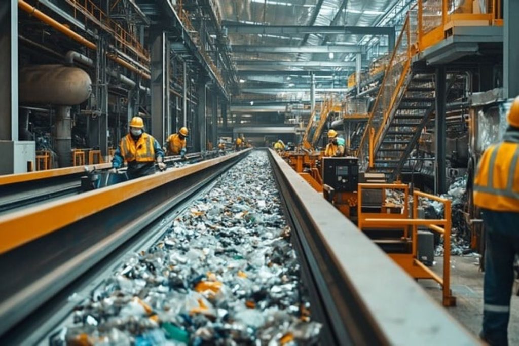 Workers on a conveyor belt sorting plastic waste in a large recycling facility, illustrating circular economy efforts.