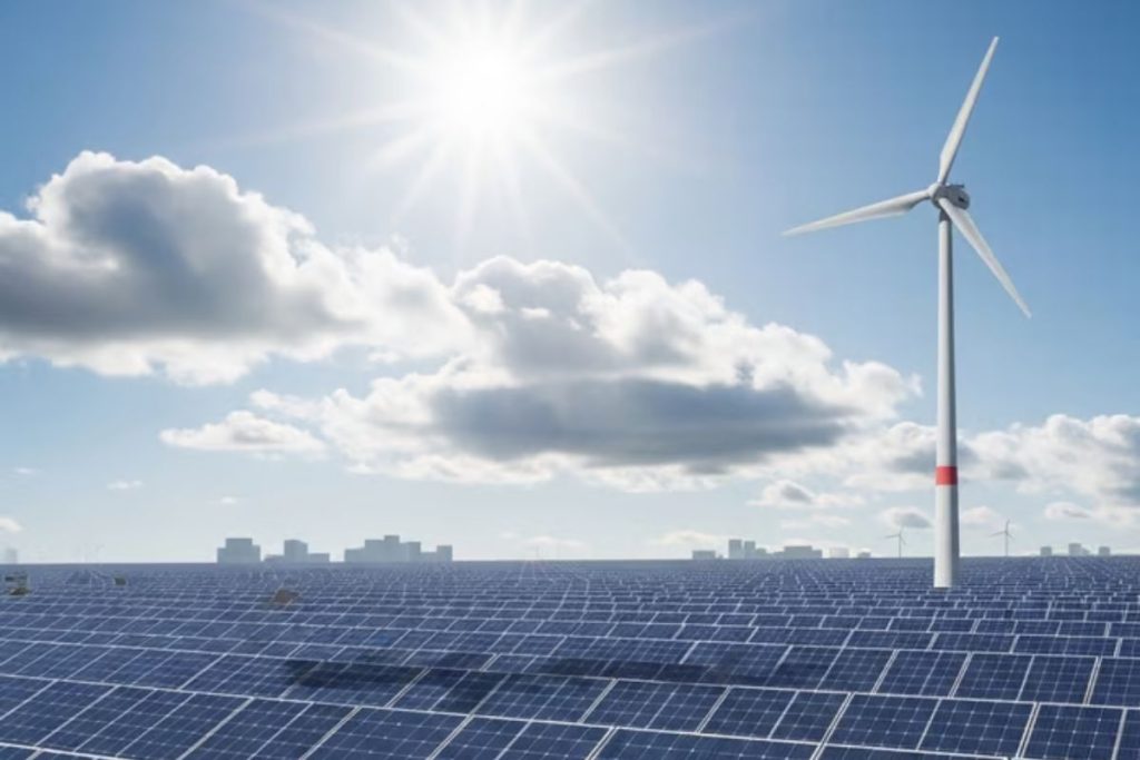 A large field of solar panels with a single wind turbine under a bright sun, with a city skyline in the distance.