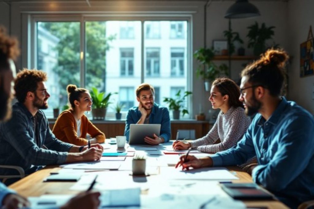 A diverse group of professionals in a bright, modern office collaborate around a conference table during a business meeting.