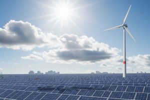 A large field of solar panels with a single wind turbine under a bright sun, with a city skyline in the distance.
