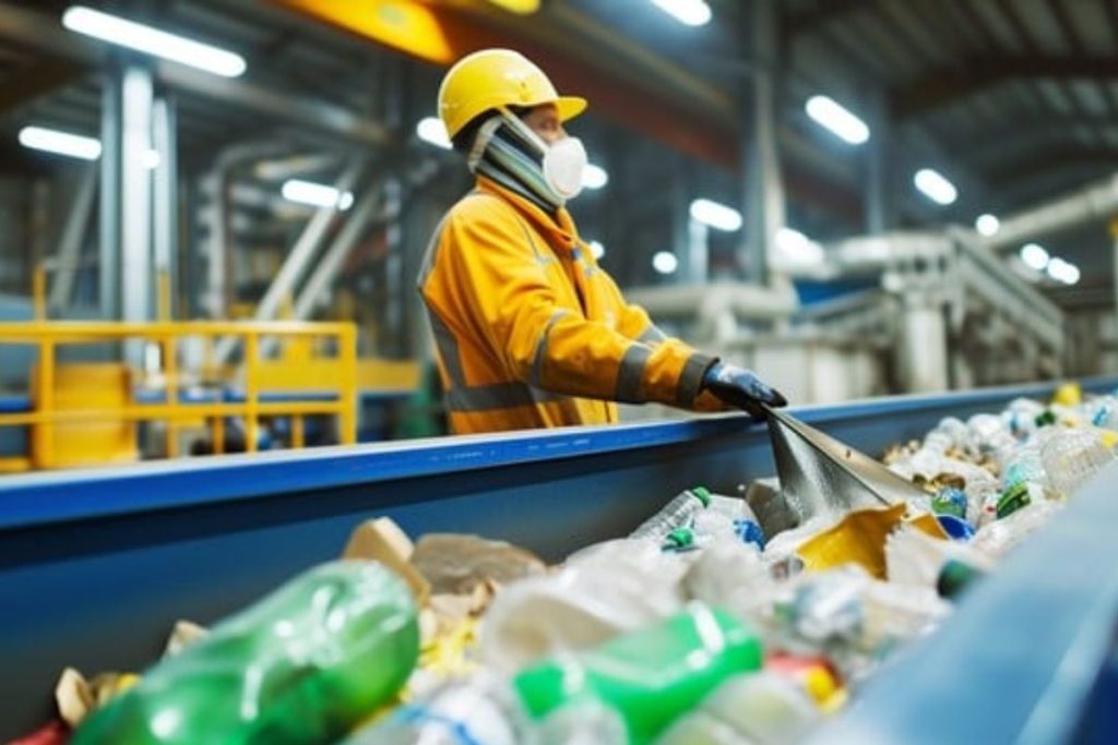 A worker in protective gear stands at a conveyor belt, sorting through plastic bottles and other recyclable materials in a waste management facility.