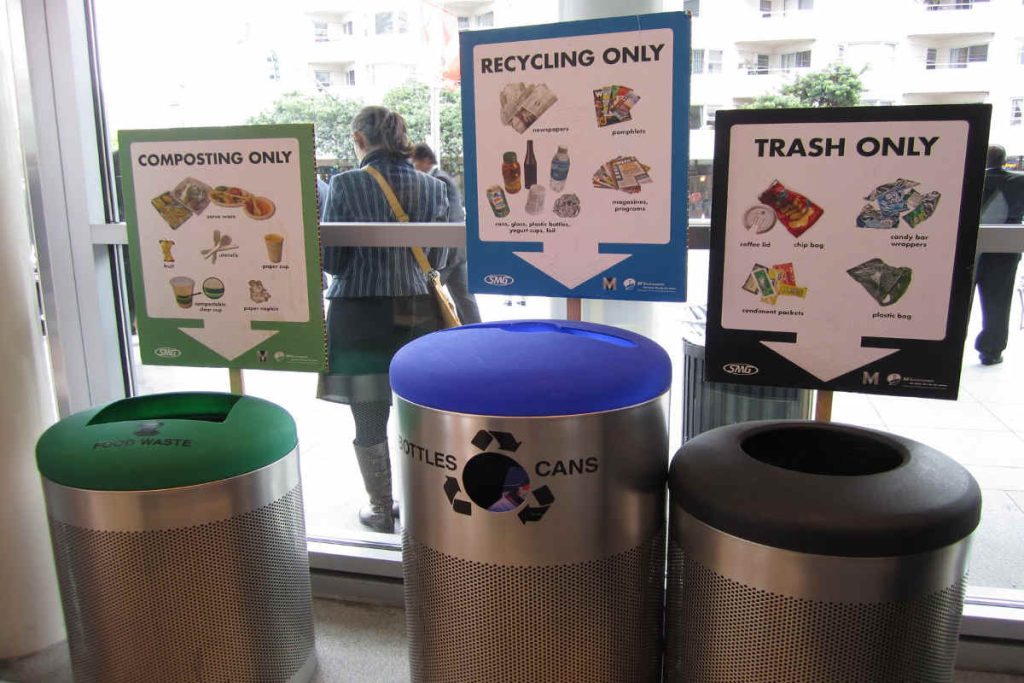 Segregated waste bins for composting, recycling, and trash — promoting Earth5R’s Waste Management, Sustainability, ESG, and CSR initiatives in Mumbai for a circular economy.