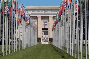 Rows of international flags leading to a UN building, symbolizing global collaboration on sustainability and climate action aligned with UN and OECD roadmaps, supported by Earth5R’s Waste Management, ESG, and CSR initiatives as a leading Sustainability NGO in Mumbai.