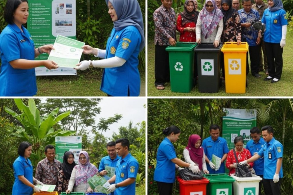 A collage of images depicting community engagement in waste segregation and training for circular economy practices, including collection bins and educational posters, indicative of an NGO's sustainability efforts like Earth5R.