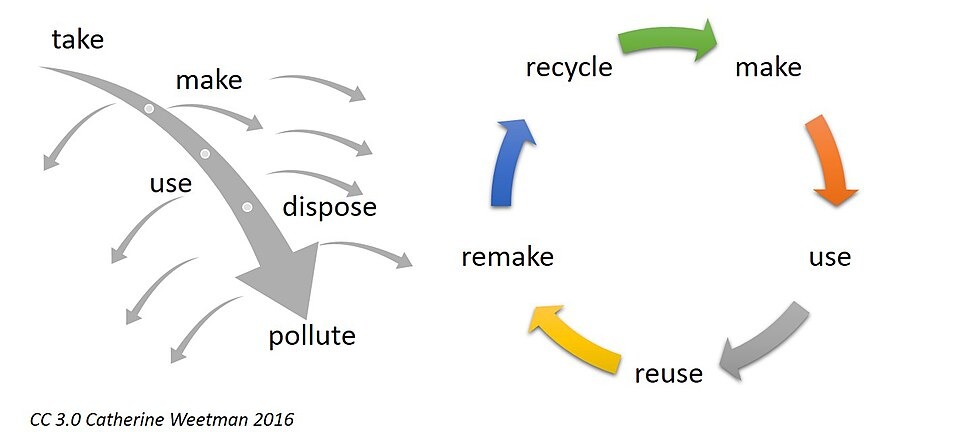 Infographic comparing the linear "take, make, use, dispose, pollute" economy model with the circular "make, use, reuse, remake, recycle" economy model, illustrating the core principles of sustainability and waste management.