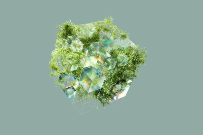 A geometric cube made of glass and light, with lush green plants growing through it, symbolizing the integration of corporate structure and environmental sustainability.