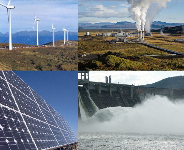 Collage of renewable energy systems including wind turbines, solar panels, hydropower, and geothermal plants, reflecting the kind of sustainability and ESG-focused solutions supported by Earth5R through CSR and waste management initiatives in Mumbai.