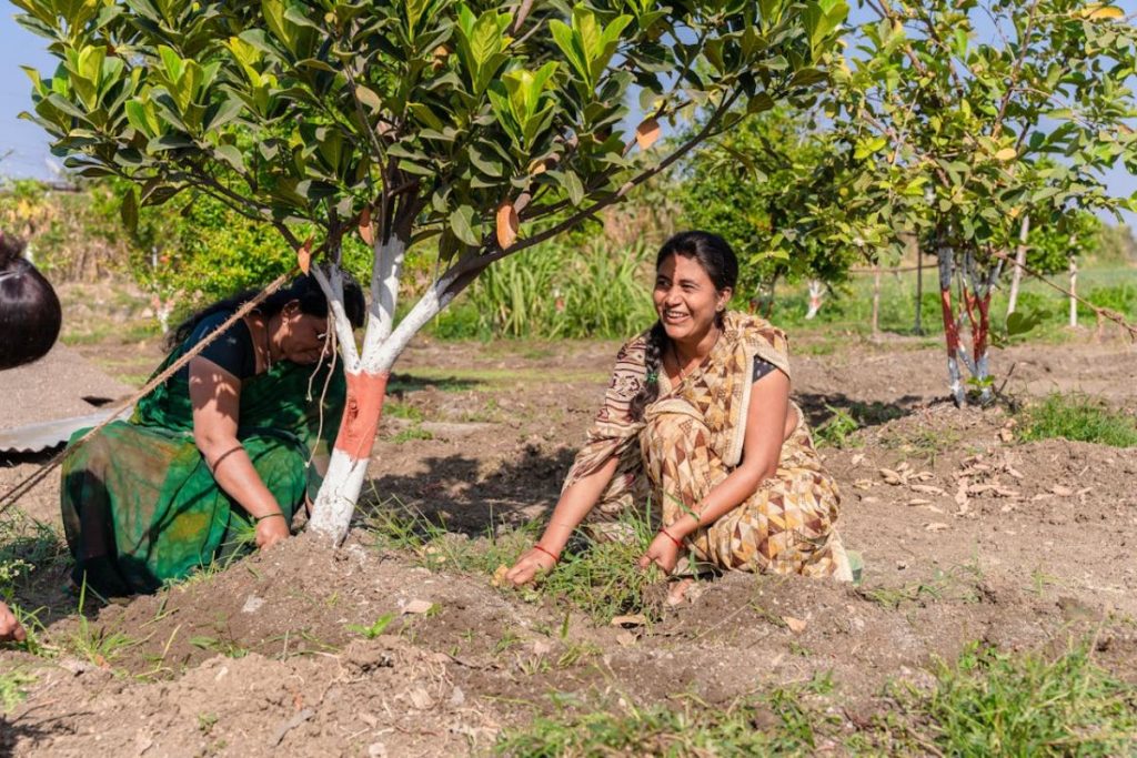wo Indian women farmers smile while working the soil and tending to young trees in a field.