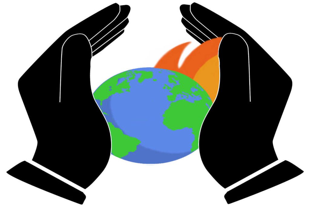Illustration of two hands protecting a burning Earth, symbolizing global sustainability, climate responsibility, and ESG–CSR values promoted by environmental NGOs like Earth5R in Mumbai working on waste management and ecological protection.