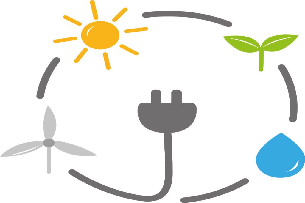 Vector illustration showing symbols of renewable energy — sun, wind turbine, water drop, green leaf, and electric plug — representing sustainability and clean energy integration.