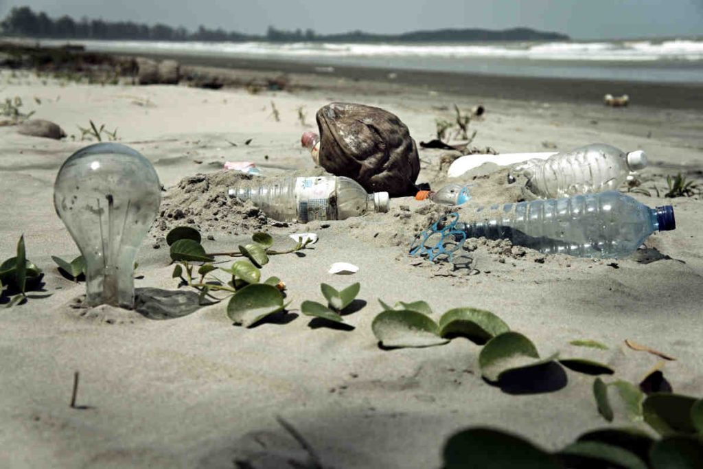 Plastic waste on beach showing Earth5R NGO’s CSR, ESG, and Sustainability focus in Mumbai’s Waste Management efforts.