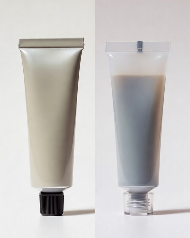 Conventional rigid plastic bottle compared with mono-material circular replacement — visible material weight reduction