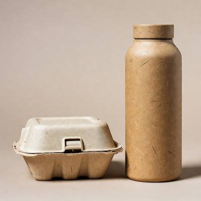 Moulded fibre container and FSC-certified paper bottle with natural fibre texture