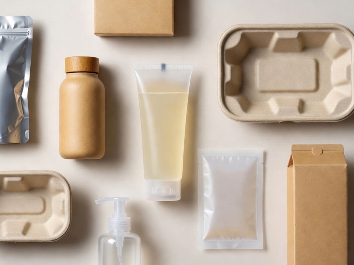 Curated portfolio of circular packaging innovations — mono-material flexibles, paper bottles, moulded fibre, refill systems, compostables and aluminium-free aseptic formats