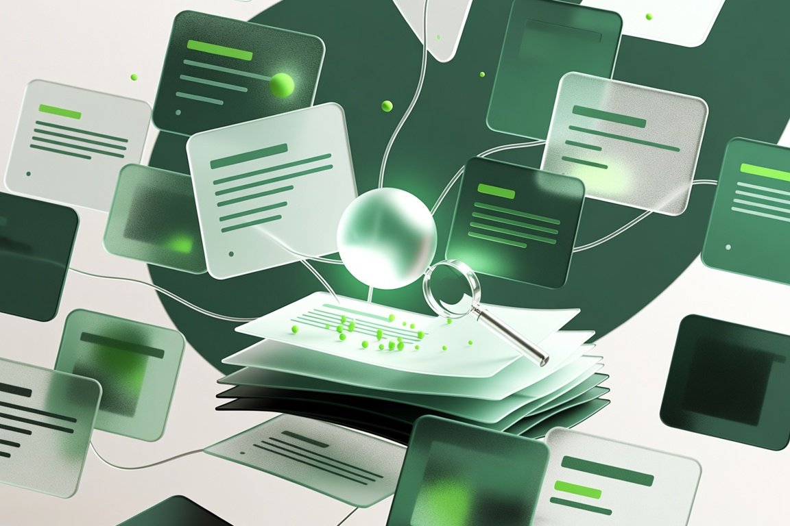 Abstract illustration of documents and search representing online research