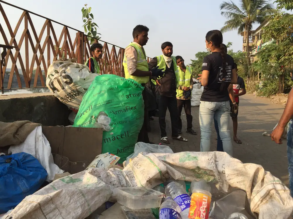 Plastic recovery collection point on the Mithi River run with local waste collectors and Earth5R in Mumbai