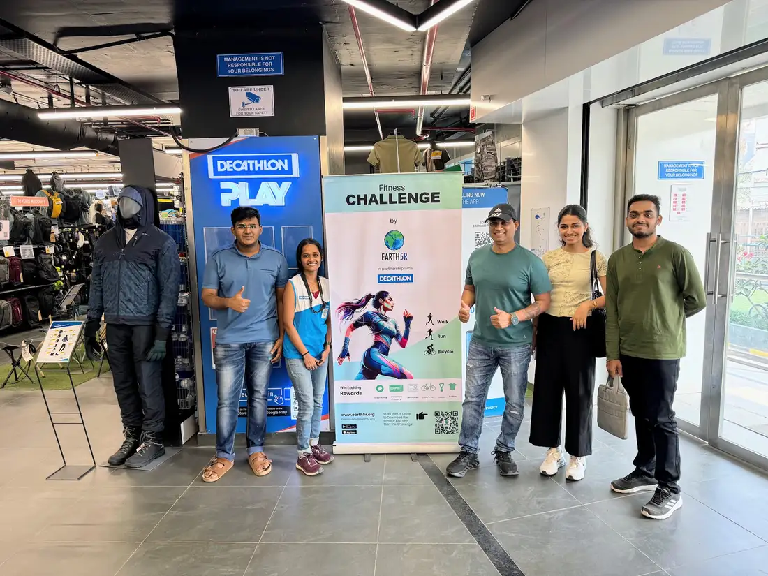 Earth5R team and Saurabh Gupta at the Decathlon fitness and carbon reduction challenge launch in Mumbai, CSR employee engagement on climate