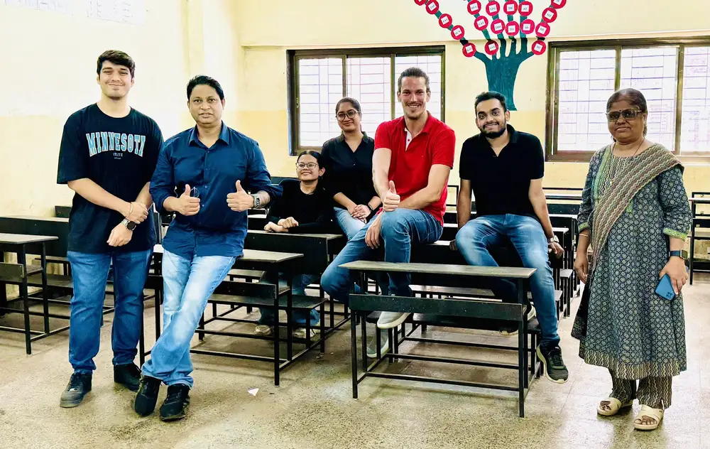 Product design internship field work. Earth5R and a Swiss corporate volunteer team with benches and desks made from recycled plastic for a municipal school
