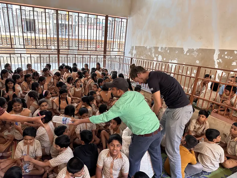 Earth5R team collecting plastic-filled ecobricks from municipal school children for school gardens in Mumbai