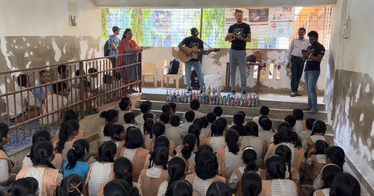 Earth5R using music to share the plastic message with municipal school children before building ecobrick gardens in Mumbai