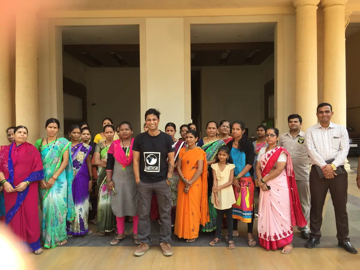 Saurabh Gupta with a group of women housekeeping staff and building managers after an Earth5R waste segregation training at a Powai residential complex, Mumbai