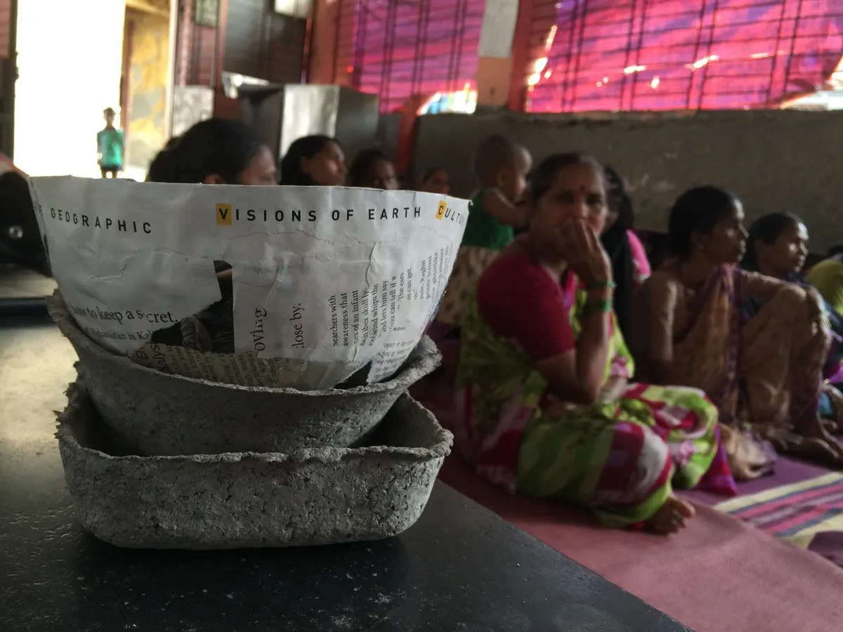 Paper mache bowls made from old newspaper at an Earth5R upcycling workshop, Earth5R CSR programme in Mumbai